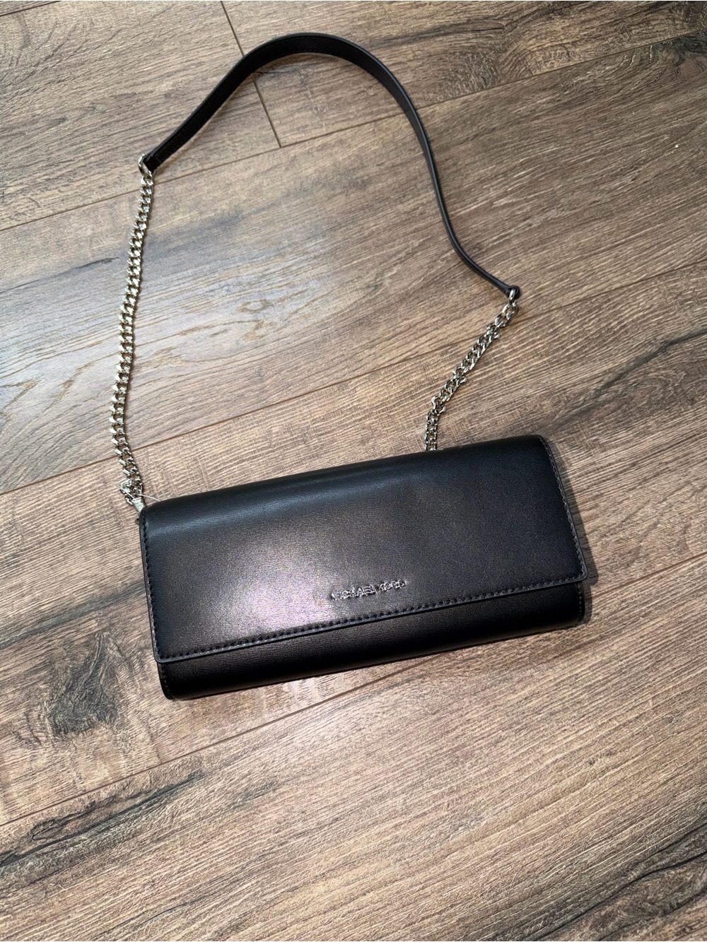 Michael Kors Black Leather Chain-Strap Wristlet Crossbody